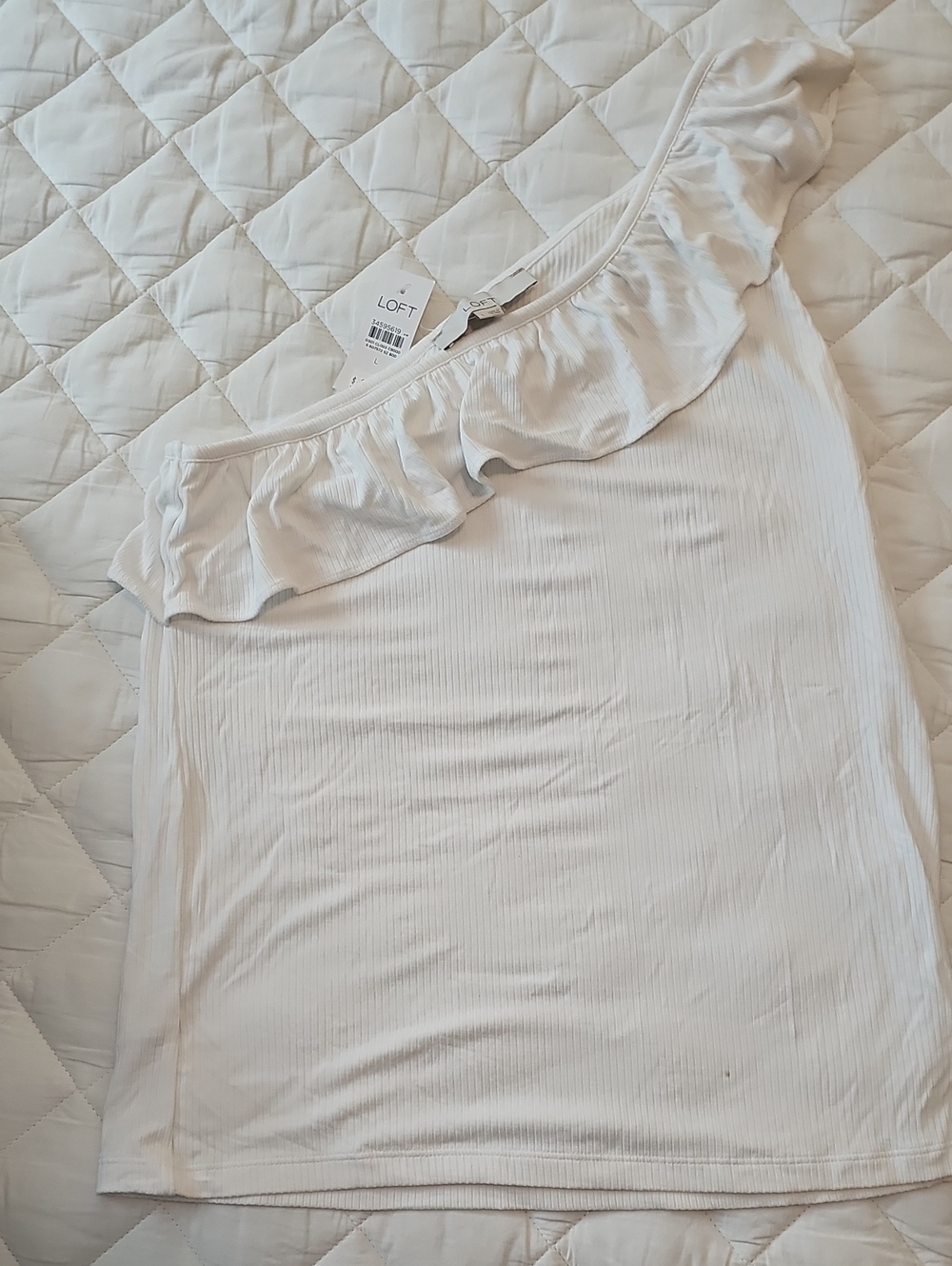 LOFT White One-Shoulder Ruffle Ribbed Tank